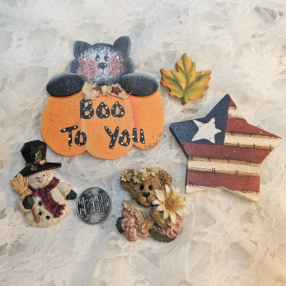 Holiday Lapel Pins • Vintage • Set of 5 • Brooch • Boyds Bears • Metal • Wood